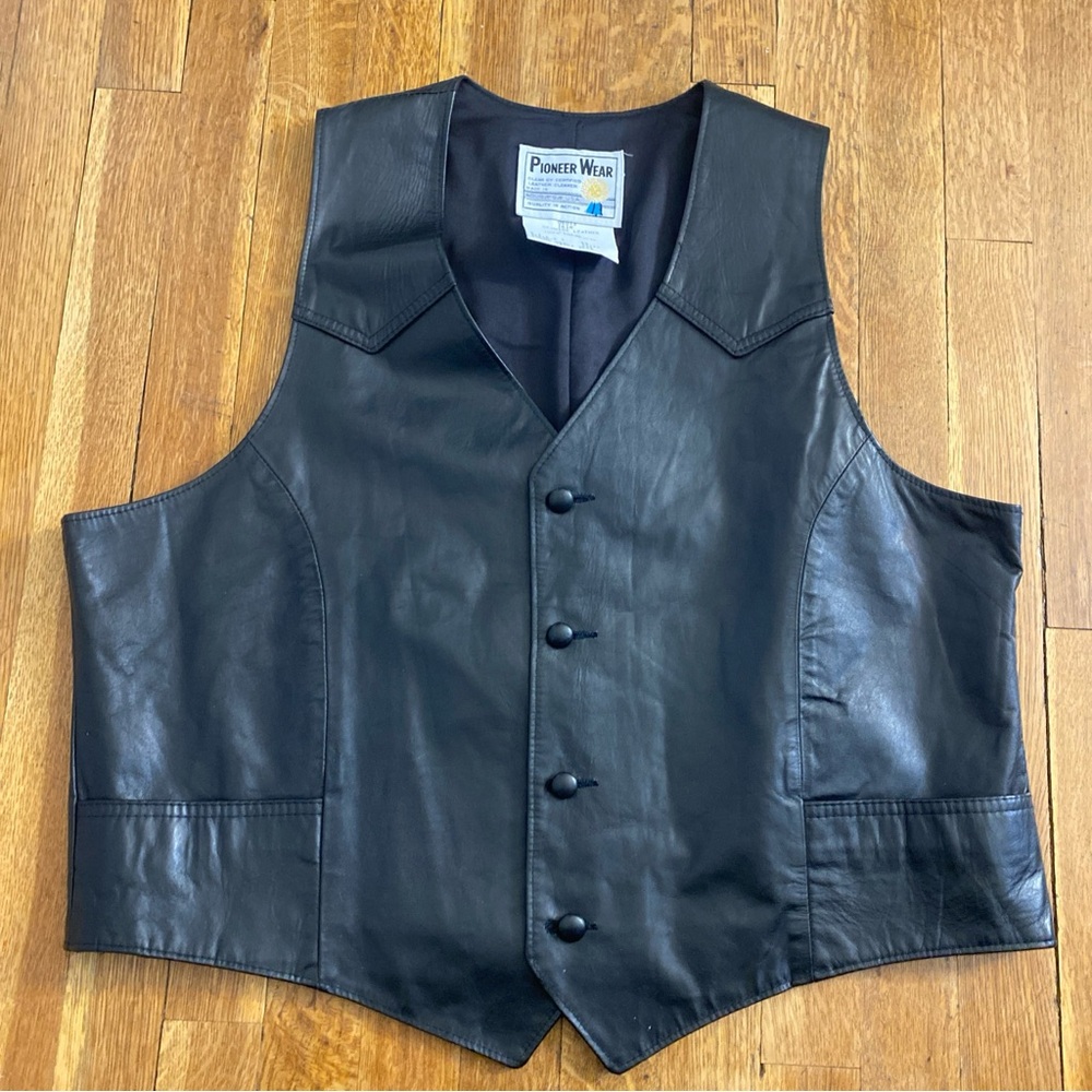 Pioneer Wear Black Leather Western Vest  4 Button Front  Men’s 46 XL VTG USA